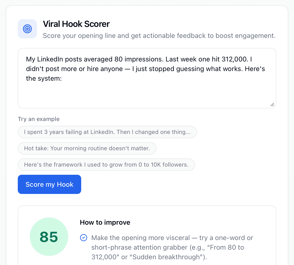 Linkera AI Viral Hook Scorer โ scores a LinkedIn opening line and suggests stronger, higher-engagement alternatives