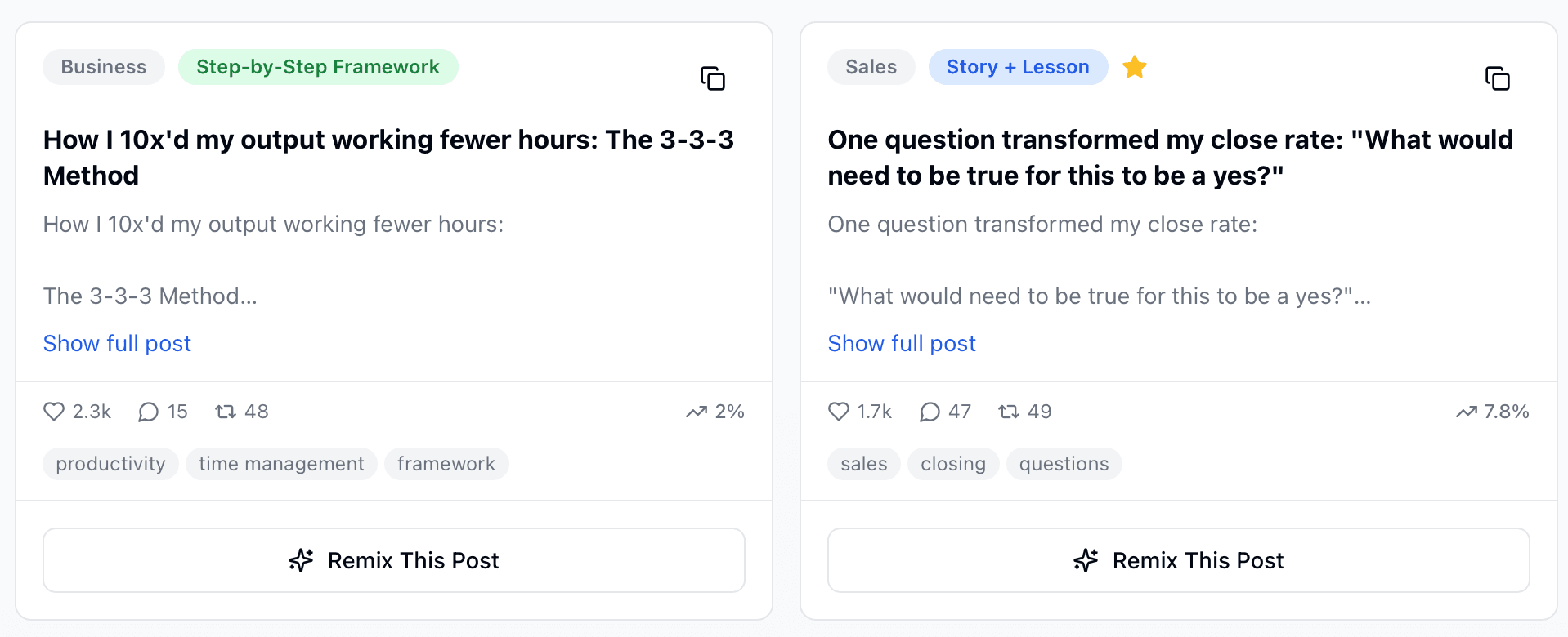 Linkera Inspirations library โ curated high-performing LinkedIn posts with engagement stats and one-click Remix